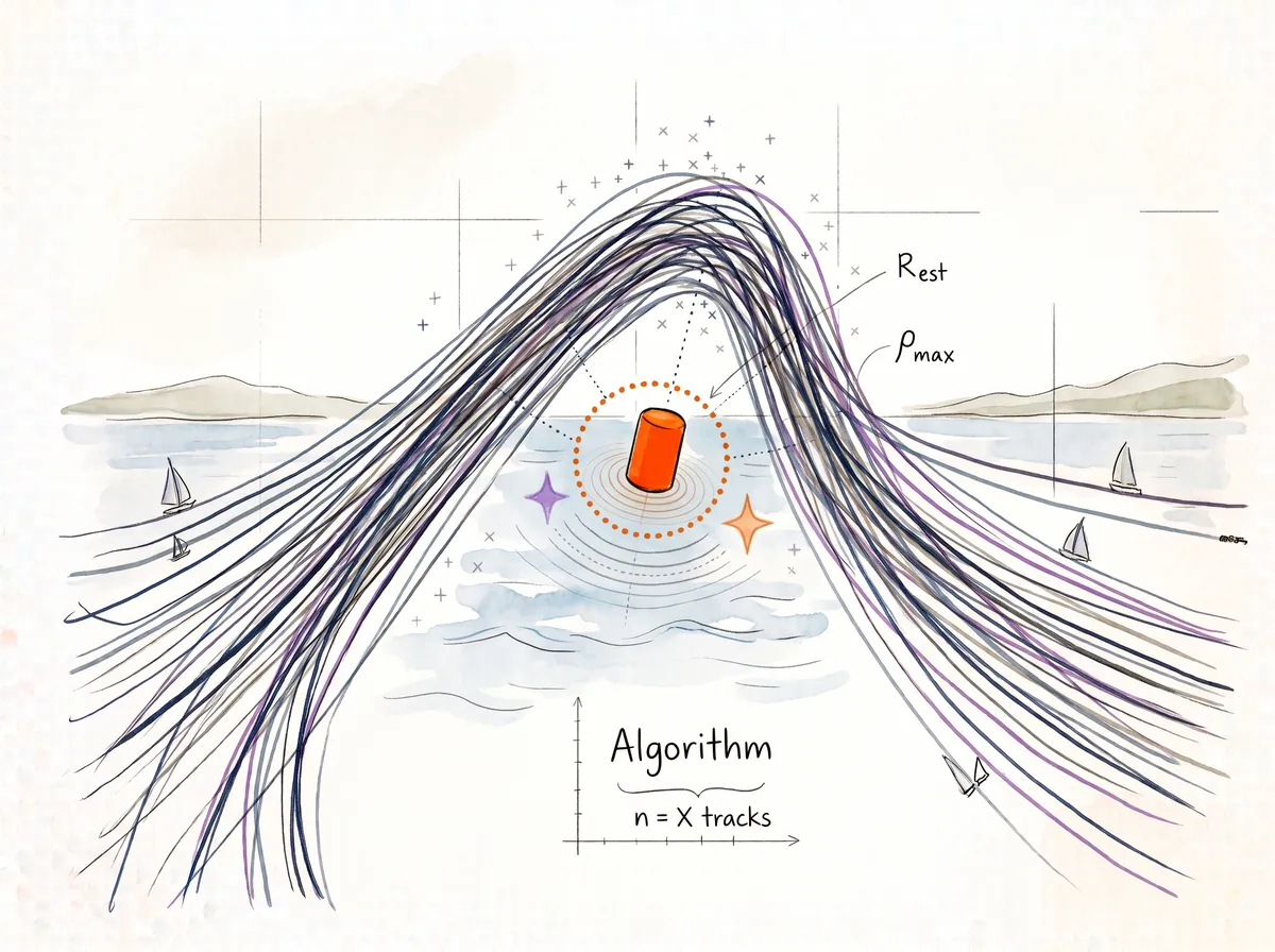 Sailing race tracks from many boats bending around one point, where AlgoMarks works out the mark's position