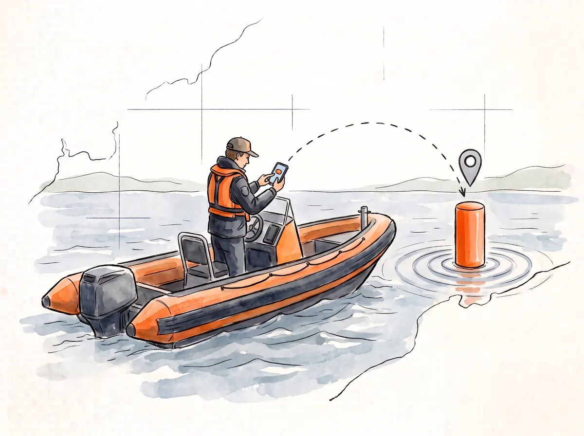 Race officer in an orange patrol boat logging a sailing race mark's position on a phone as it is dropped