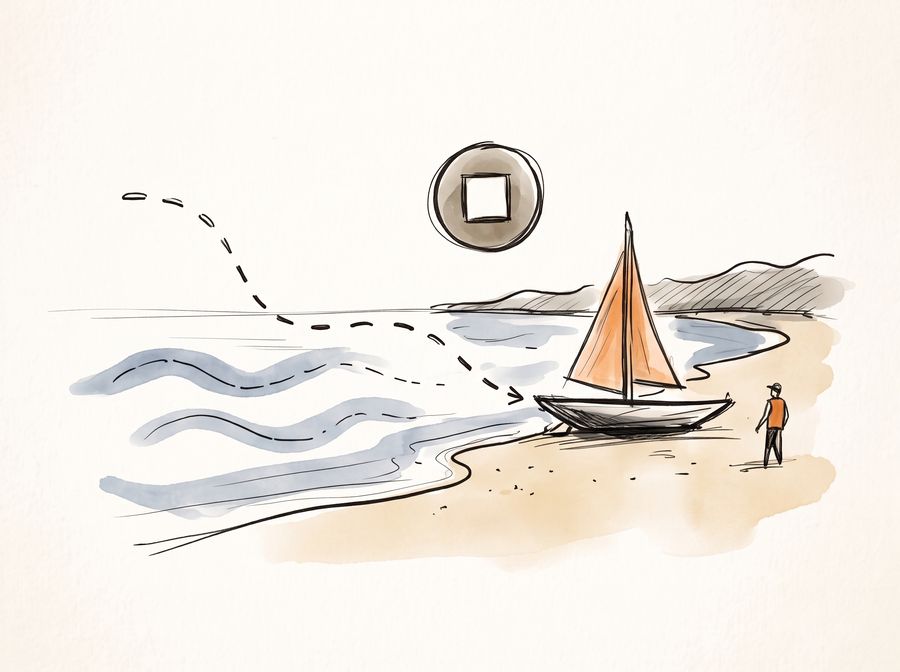 Watercolor sketch of a dinghy back on the beach, with a Stop button and a dashed GPS race track coming in from the sea