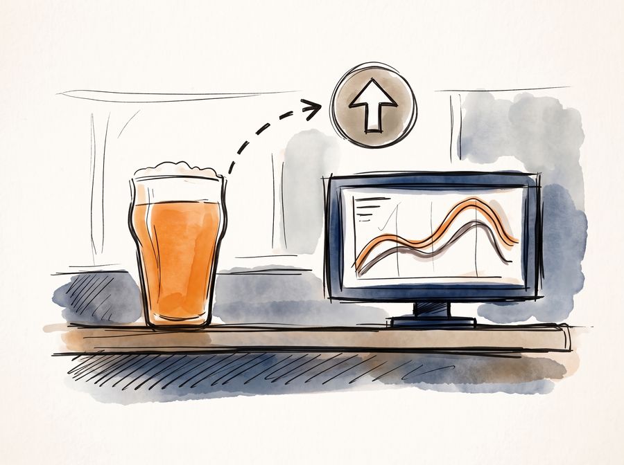 Watercolor sketch of a pint of beer beside a monitor showing a sailing race track, with an upload arrow